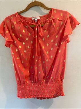 Reese Coral Tie-Neck Flutter Sleeve Blouse with Gold Dot Detail